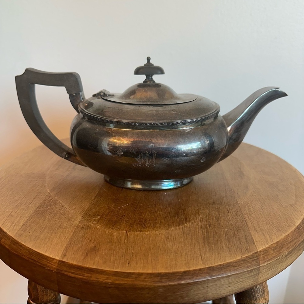 Vtg Silver Plated Sheffield Design  Kettle Tea Patina Nickel England Engraved M